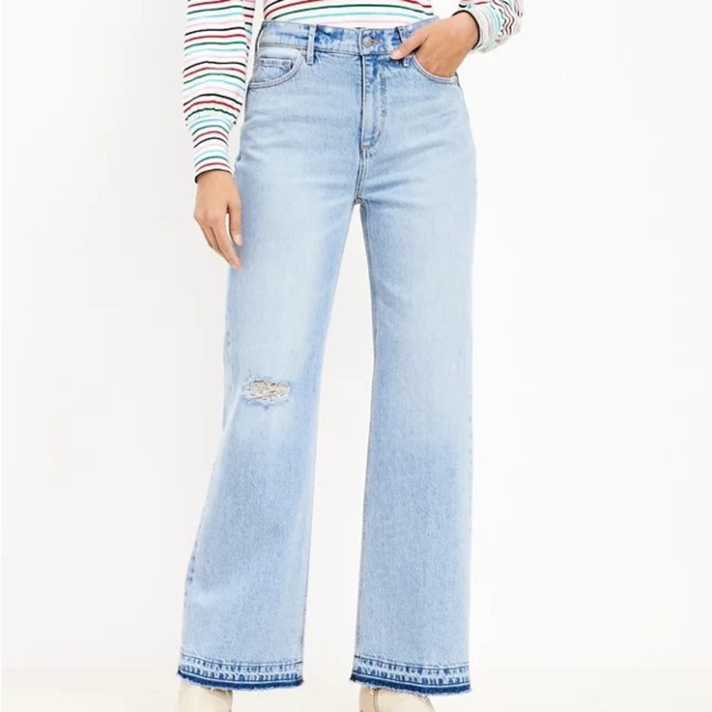 LOFT Unpicked Hem High Rise Wide Leg Jeans in Authentic Light Indigo Wash